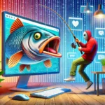 “A humorous and visually striking image of a person fishing from a computer screen, reeling in a large, cartoonish fish wearing a mask, symbolizing the concept of catfishing online, with no text in the image.”