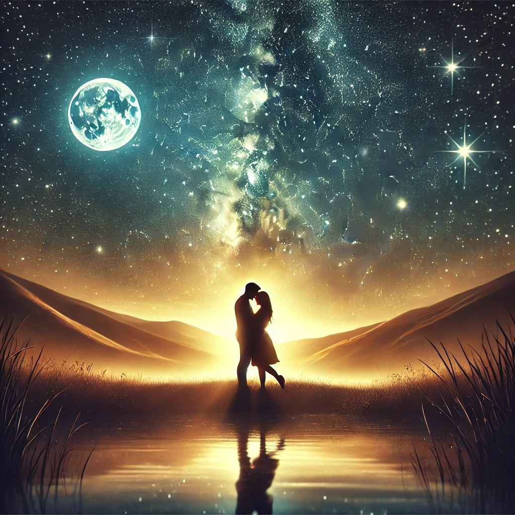 “Romantic couple embracing under a starry night sky, reflecting deep connection and love.” The image goes nicely with the article title, "is he the one?"