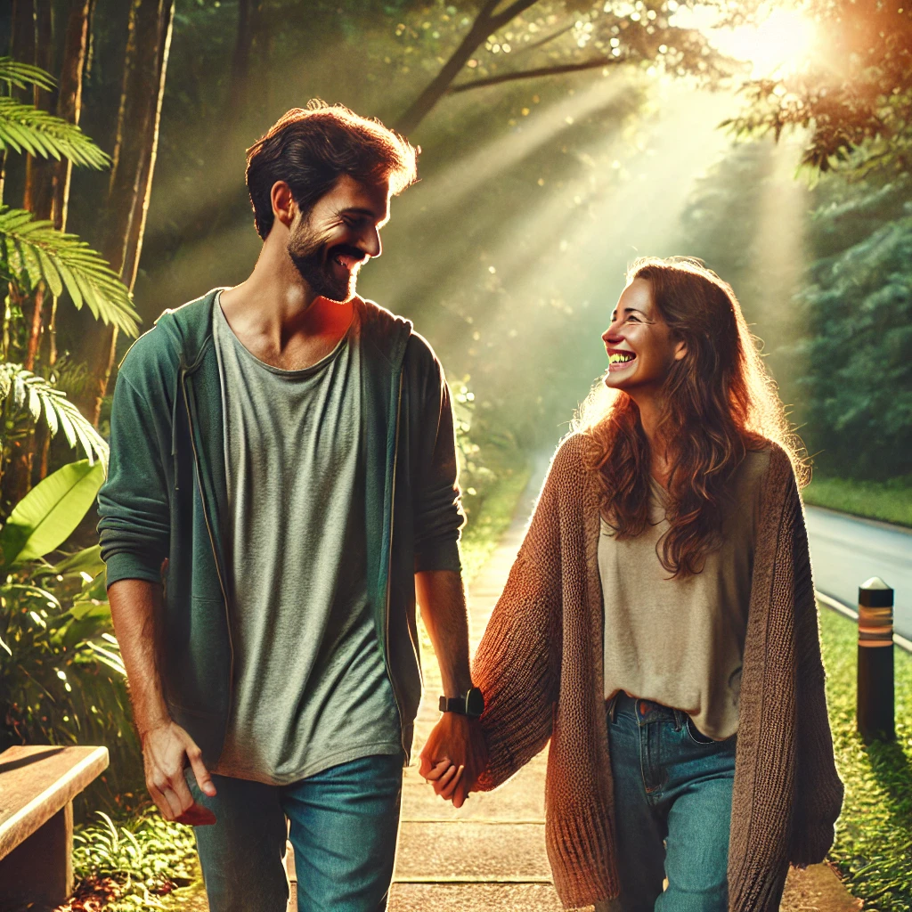 Couple walking hand-in-hand along a nature pathway, exuding deep connection and mutual respect.”