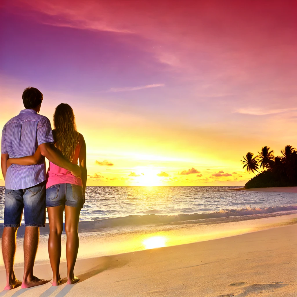 “Couple standing together on a tropical island beach at sunset, looking out at the horizon, symbolising a hopeful and shared future