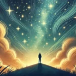 “Person standing on a hill under a serene night sky filled with stars, symbolizing the balance between excitement and anxiety when dating someone new. A calming and introspective image reflecting hope and new possibilities.”