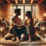 A couple sitting together on a cosy sofa in a stylish, warmly lit living room, holding hands and gazing into each other’s eyes. The peaceful room is decorated with soft cushions and warm-toned lighting, symbolising emotional closeness and deep connection.