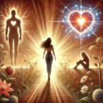 A powerful image of a woman walking confidently forward on a symbolic path of life, with fading silhouettes of past heartbreak behind her and glowing hearts ahead, symbolising hope and dating success. The warm light and blooming flowers surrounding her represent emotional growth, self-love, and the beginning of a new chapter.