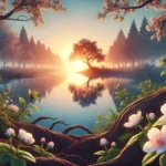 A serene sunrise over a calm lake surrounded by blooming flowers, symbolizing the journey of how to improve self-esteem and reclaim your confidence.