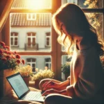 A visually stunning and emotional image of a woman creating her online dating profile at home, bathed in soft sunlight as she types on her laptop by a window. The scene captures her mix of hesitation and excitement, with a warm, inviting atmosphere. Flowers bloom outside, symbolising hope, growth, and new beginnings, evoking a sense of empowerment and emotional readiness to enter the world of online dating.